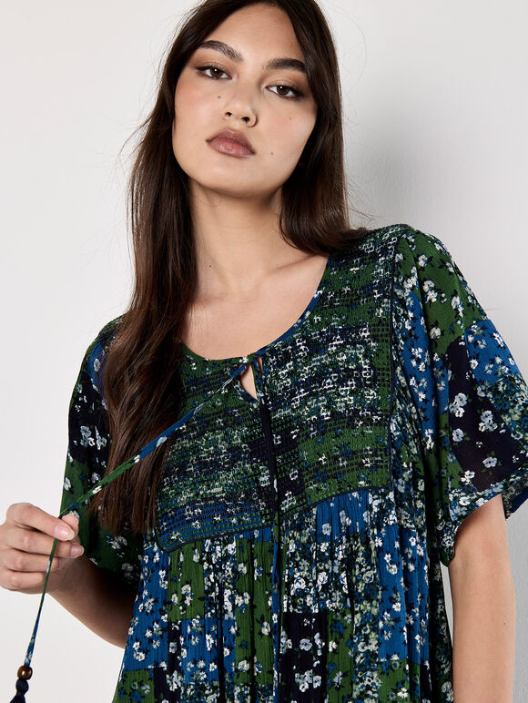 Patchwork Print Crinkle Mini Dress, Navy, large