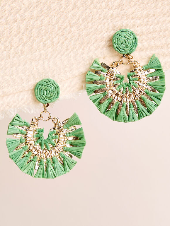 Raffia Gold Fan Earrings, Green, large
