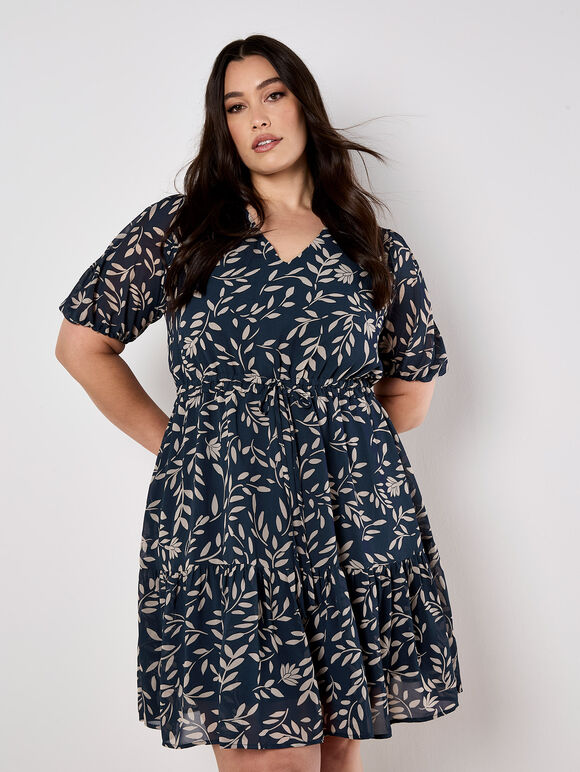 Silhouette Leaf Drawstring Mini Dress, Navy, large