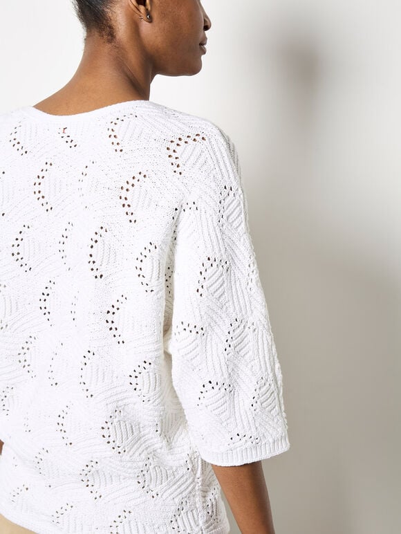 Textured Pointelle Batwing Jumper, White, large