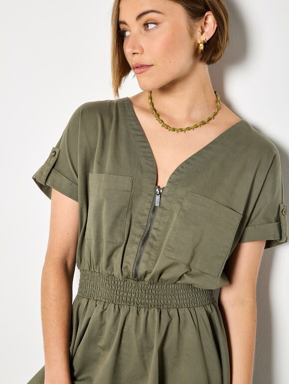 Zip Detail Skater Mini Dress, Khaki, large