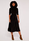 Velvet Pleated Midi Skirt, Black, large