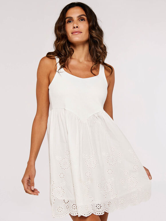 Jersey Broderie Mini Dress, White, large