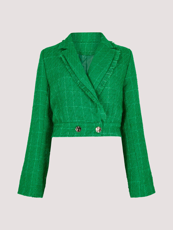 Fringed Cropped Tweed Blazer, Green, large