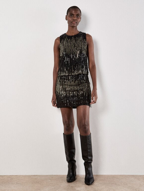 Sequin Fringe Top, Black, large