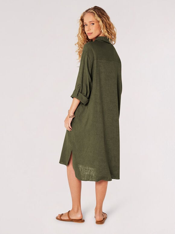 Oversized Linen Blend Shirt Mini Dress, Khaki, large