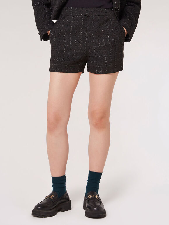 Schwarze Tweed-Shorts, Schwarz, groß