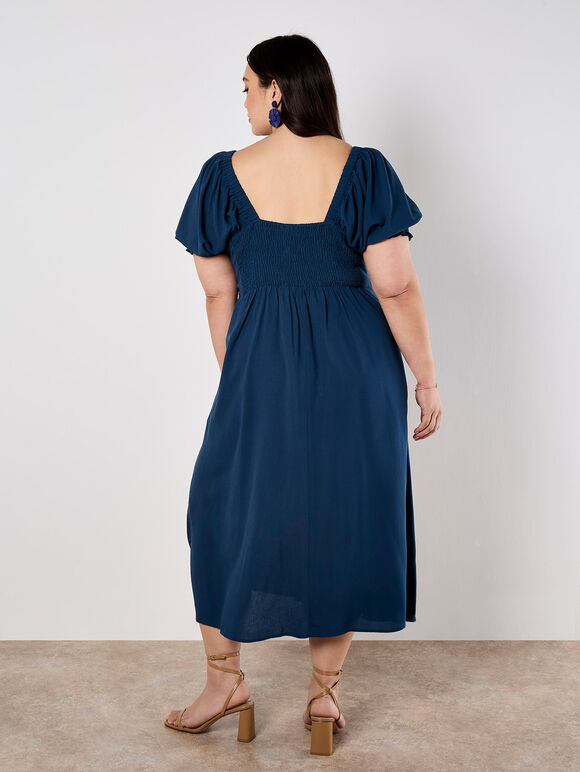Tie Detail Milkmaid Midaxi Dress, Navy, large