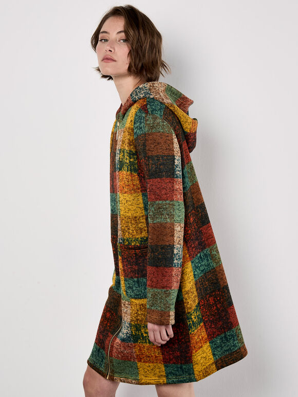 Colourful Check Hooded Coatigan, Rust, large