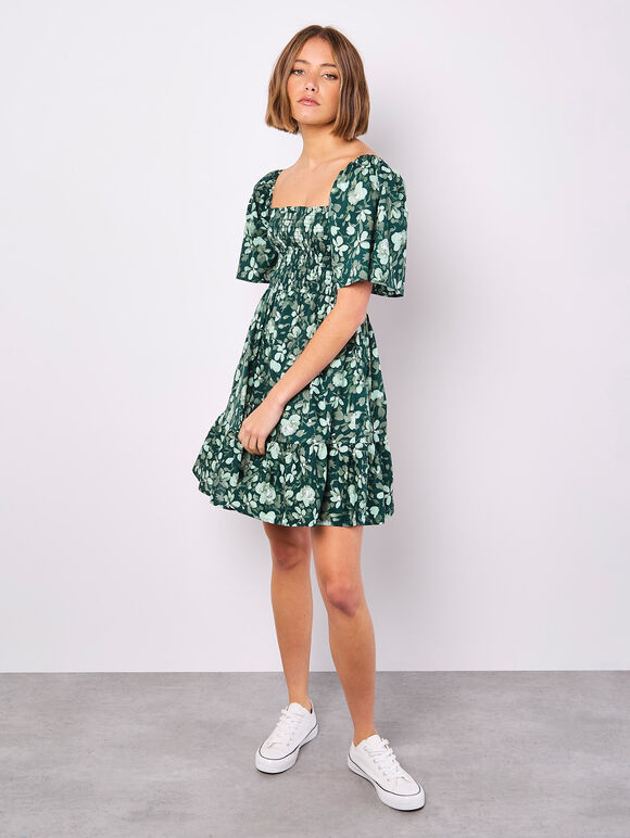 Smocked Cotton Floral Mini Dress, Green, large