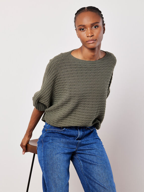 Cable Stripe Batwing Jumper, Khaki, large