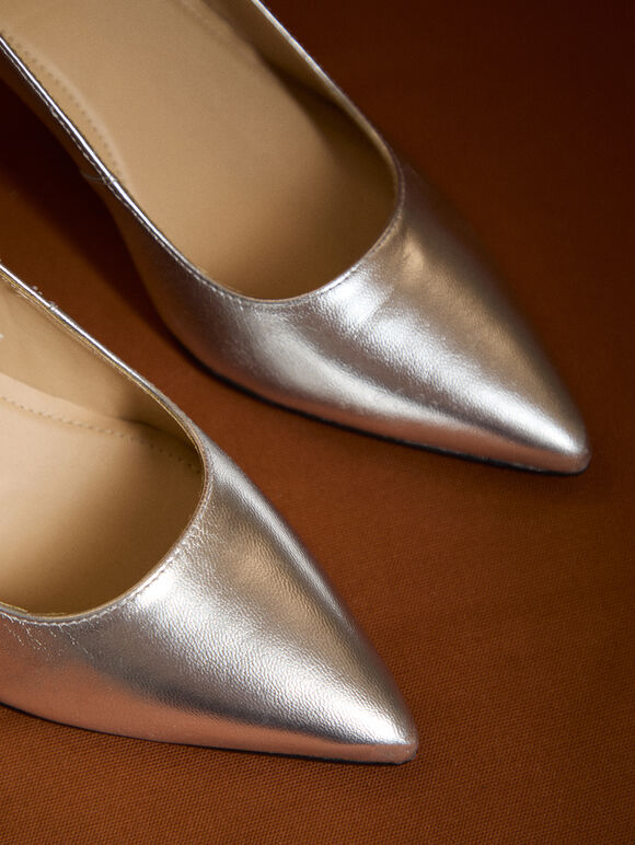 Leather Stiletto Heel Shoes, Silver, large