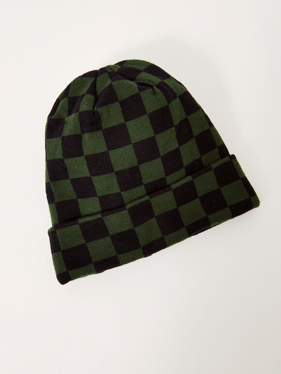 Checkered Beanie Hat, Green, large