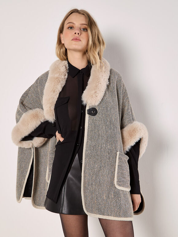 Heritage Texture Faux Fur Lined Cape, Stone, large