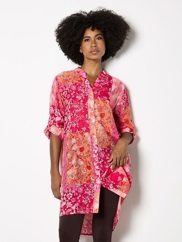 Folk Patchwork Tunic Top, Pink, large