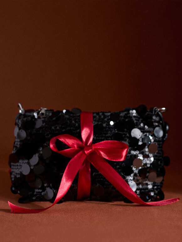 Sequinned Shoulder Bag, Black, large