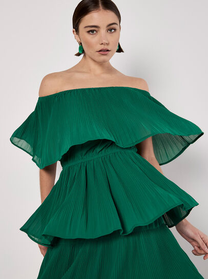 Plisse Tiered Bardot Mini Dress
