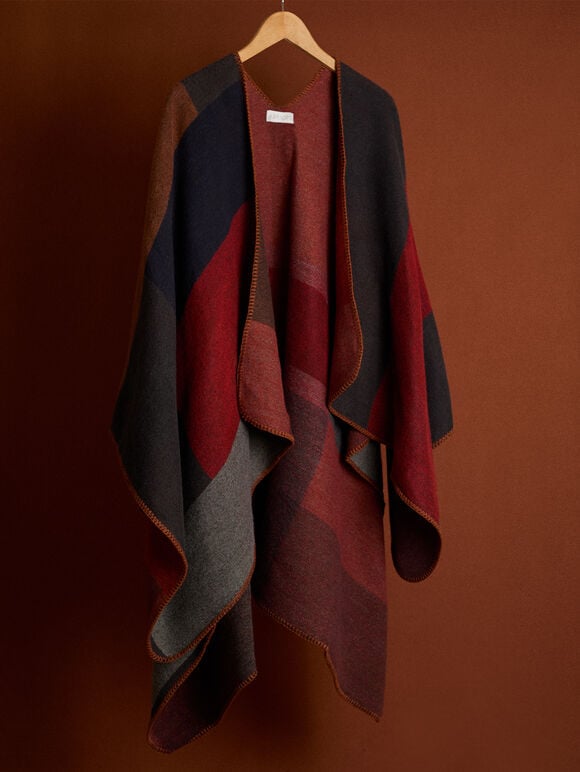 Colour Block Blanket Cape, Red, large