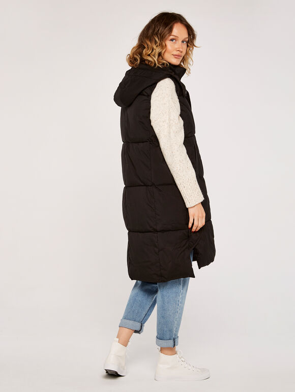 Button Longline Puffer Gilet, Black, large