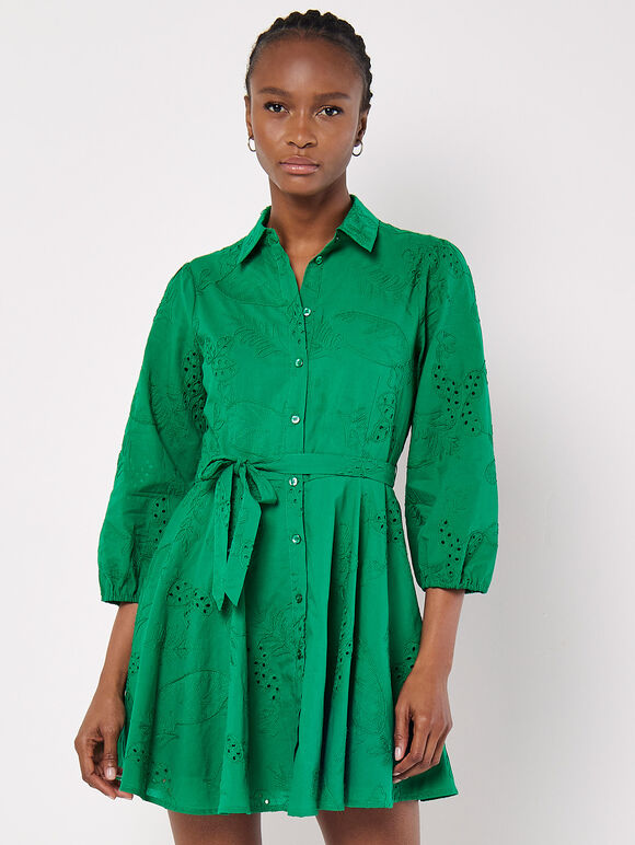 Tropical Embroidered Shirt Mini Dress, Green, large