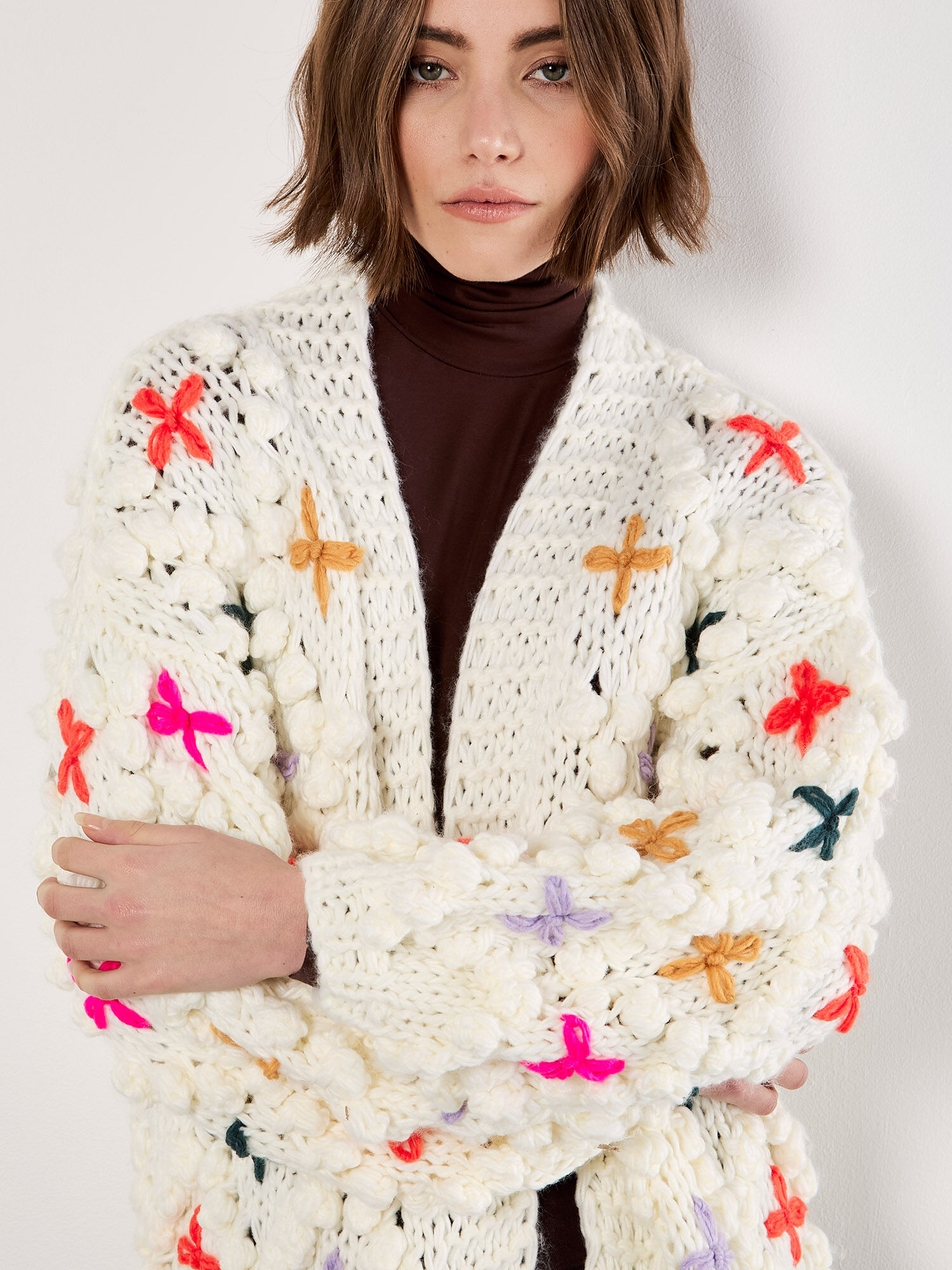 Chunky Knit 3D Flower Cardigan | Apricot Clothing