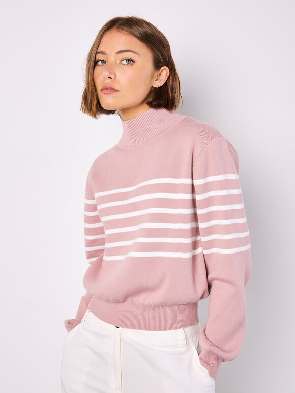 Mock Neck Stripe Jumper, Pink, large