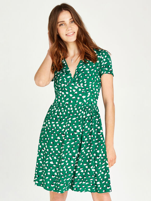 Floral Bud V Neck Empire Dress, Green, large