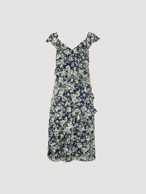Floral Asymmetric Ruffle Midaxi Dress, Navy, large