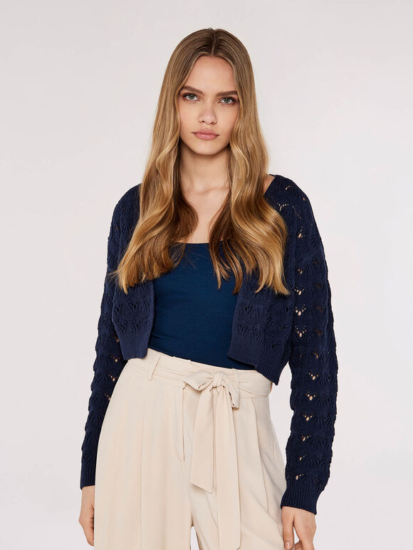 Pointelle Cropped Shrug, Navy, large
