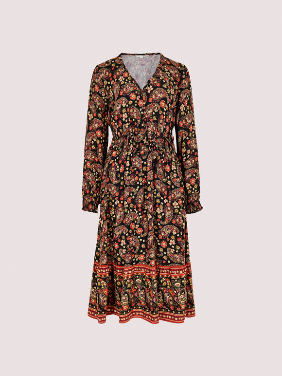 Ditsy Floral Paisley Midi Dress, Black, large