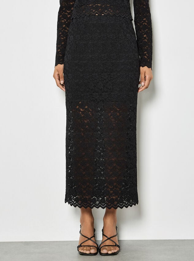 Floral Leaf Lace Midi Skirt, Black, large