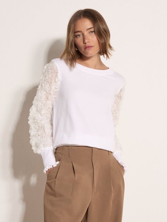 Rose Sleeve Knitted Jumper, White, large