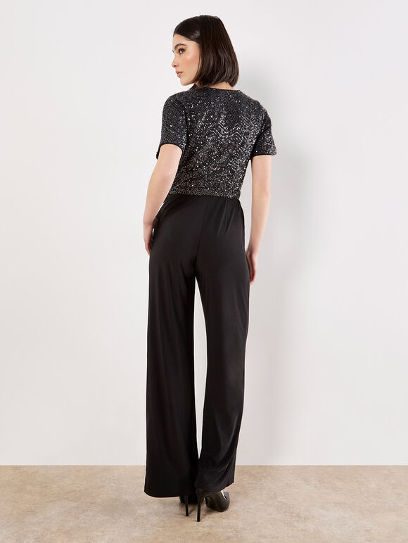 Chevron Sequin Wide Leg Jumpsuit, Dark Grey - Charcoal, large