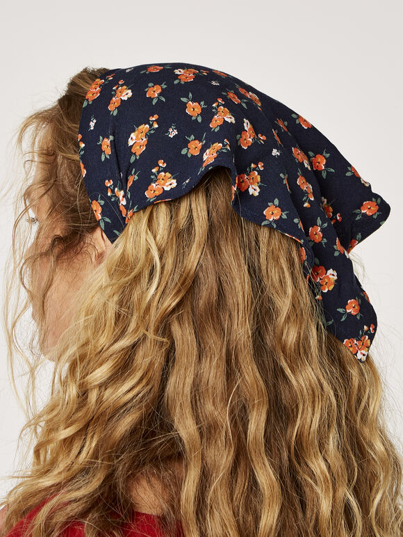 Floral Head Scarf, Navy, large