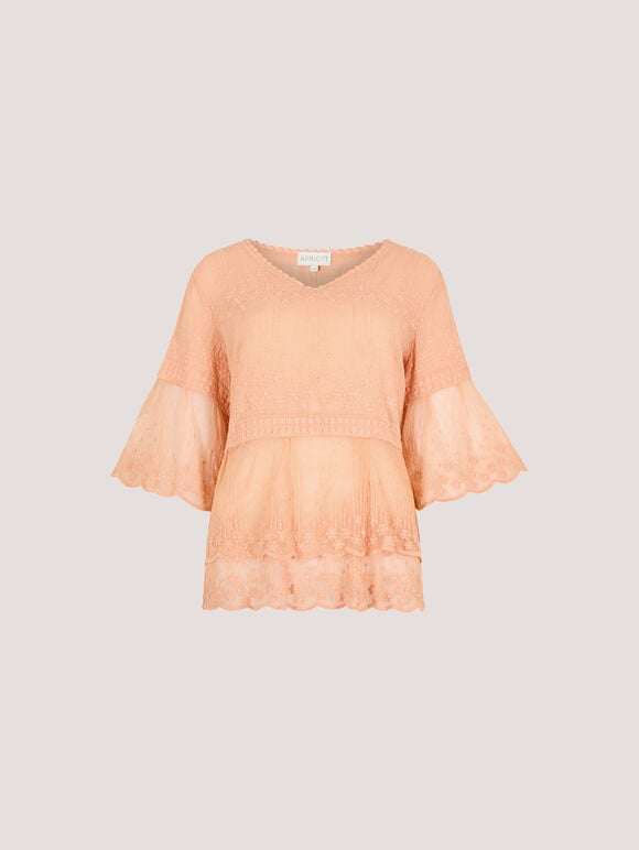 Embroidered Cotton Mesh Blouse, Peach, large
