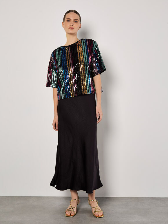 Rainbow Sequin Stripe Crop T-Shirt, Black, large