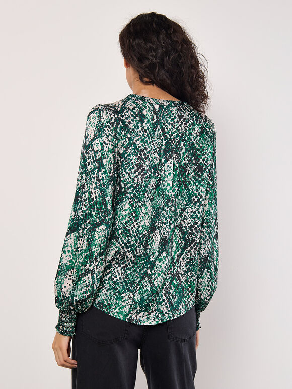 Snakeskin Hammered Satin Blouse, Green, large
