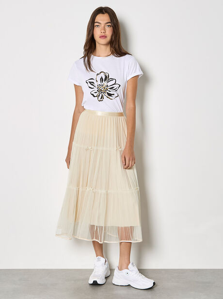 Bow Tiered Mesh Midi Skirt