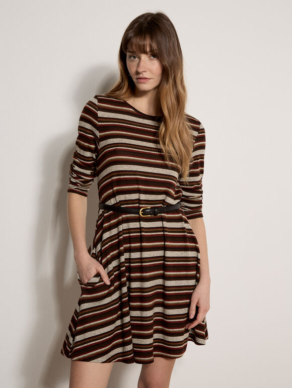 Engineered Stripe Swing Mini Dress, Brown, large