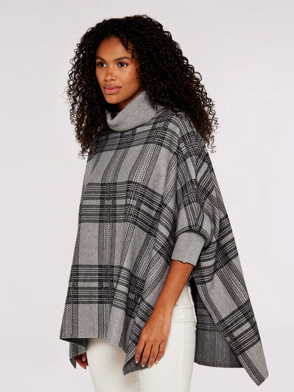 Poncho tricoté à carreaux à col roulé, gris, grand