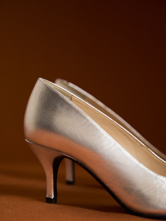 Leather Stiletto Heel Shoes, Silver, large