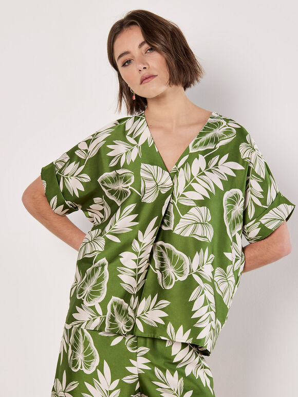 Tropical Leaf Print Satin T-Shirt, Green, large