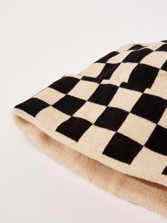 Checkered Beanie Hat, Stone, large