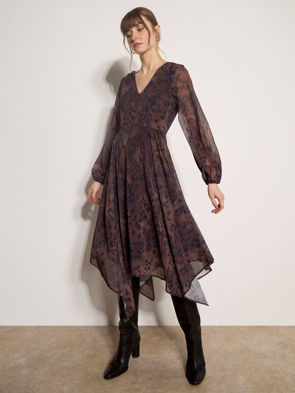 Leopard Print Chiffon Midi Dress, Brown, large