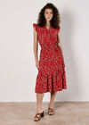Floral Frill Wrap Midi Dress, Red, large