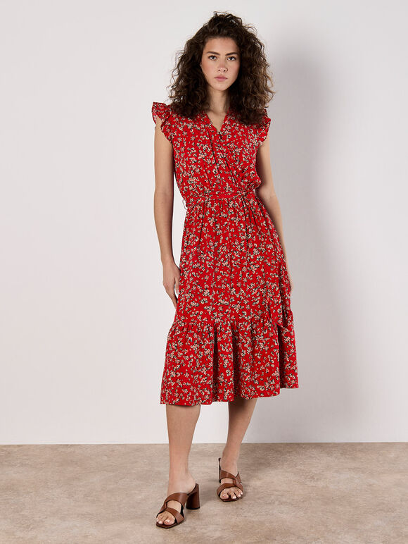 Floral Frill Wrap Midi Dress, Red, large