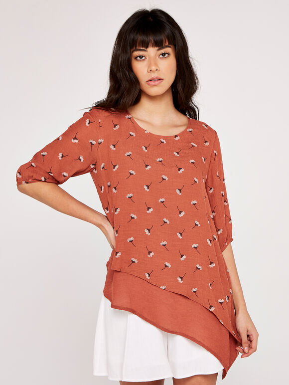 Floral Layered Asymmetric Top, Rust, large