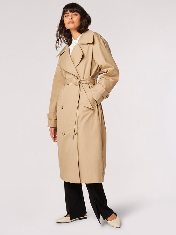 Longline Belted Trench Coat, Stone, large