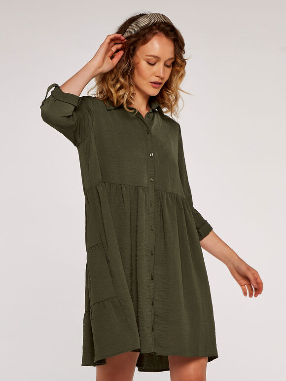 Tiered Swing Shirt Dress, Khaki, large