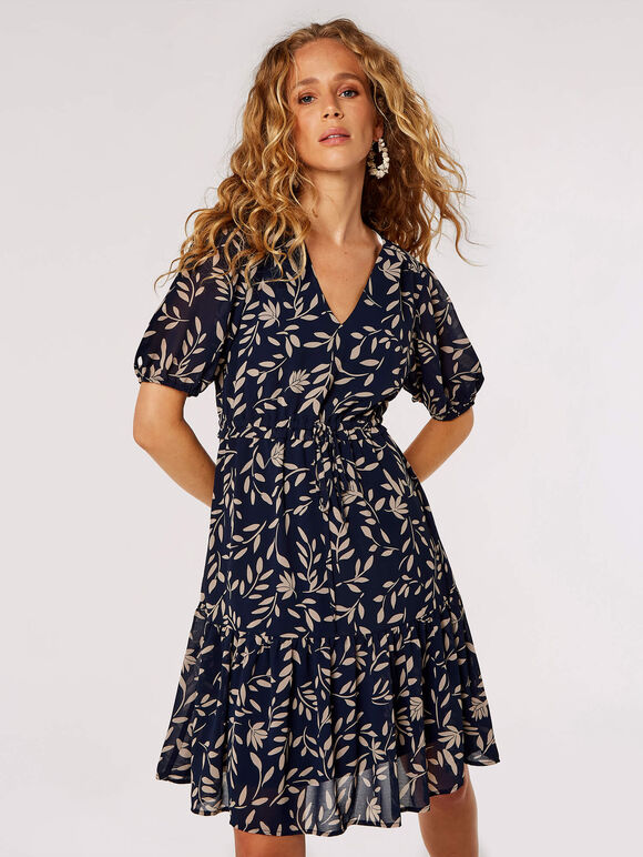 Silhouette Leaf Drawstring Mini Dress, Navy, large